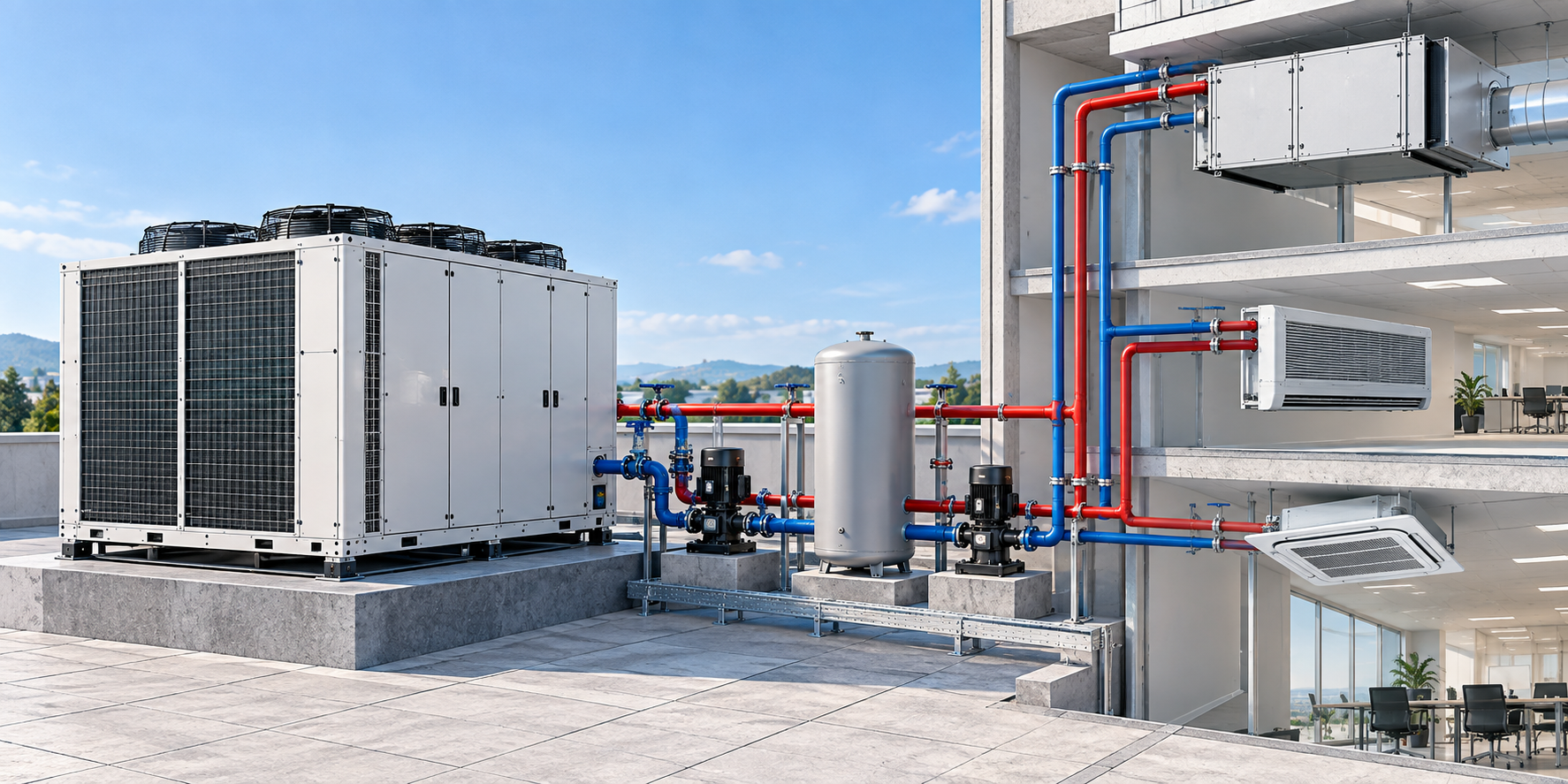 Chiller e pompa di calore con circuito idronico e terminali
