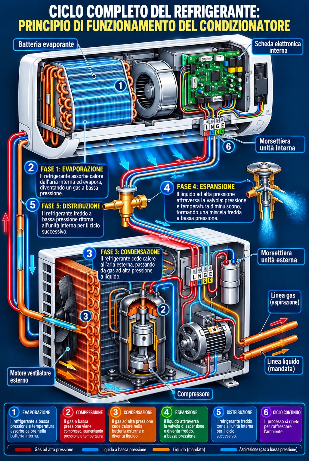 Illustrazione indicativa di un climatizzatore split con unità interna, unità esterna e componenti del ciclo frigorifero