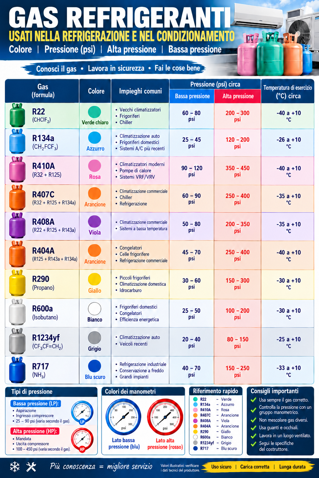 Tabella illustrativa in italiano di dieci gas refrigeranti, con composizione dell’R408A corretta