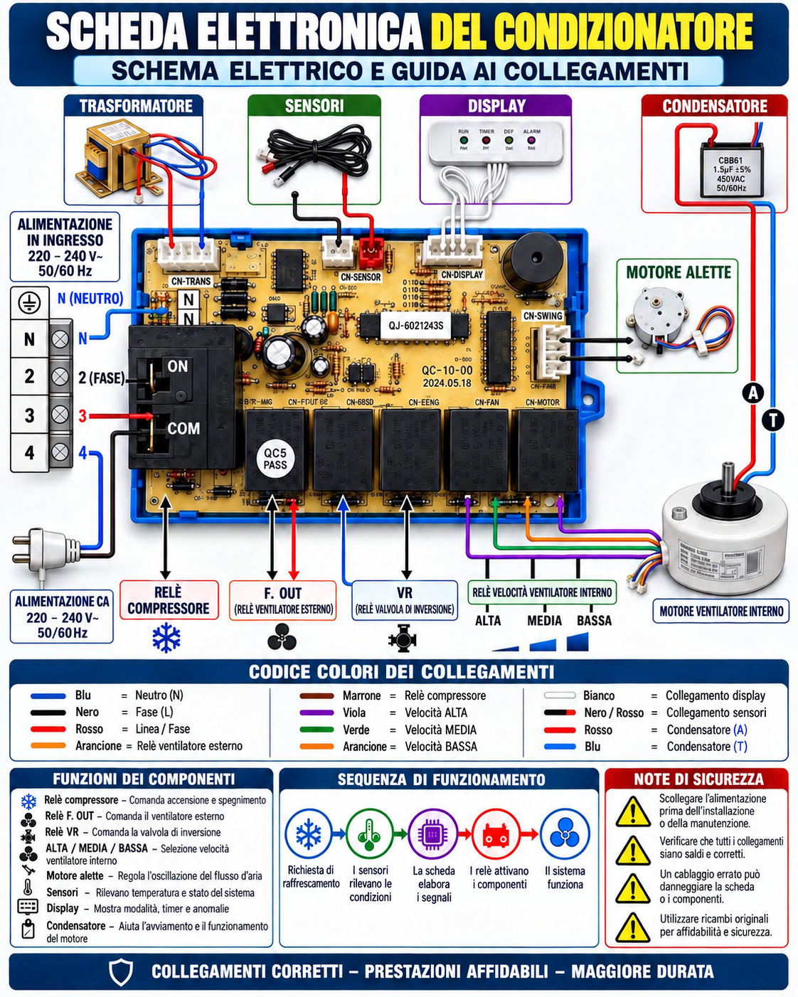 Diagramma in italiano della scheda elettronica del condizionatore, con componenti, collegamenti e funzioni