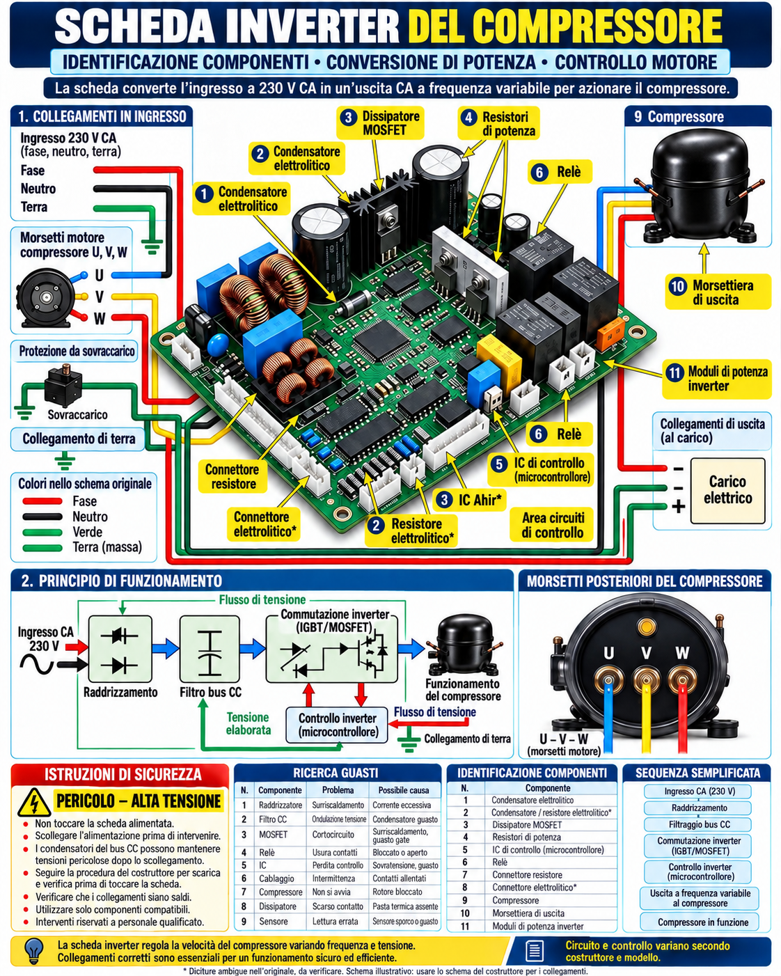 Illustrazione in italiano della scheda inverter del compressore, con componenti, sequenza di funzionamento e note