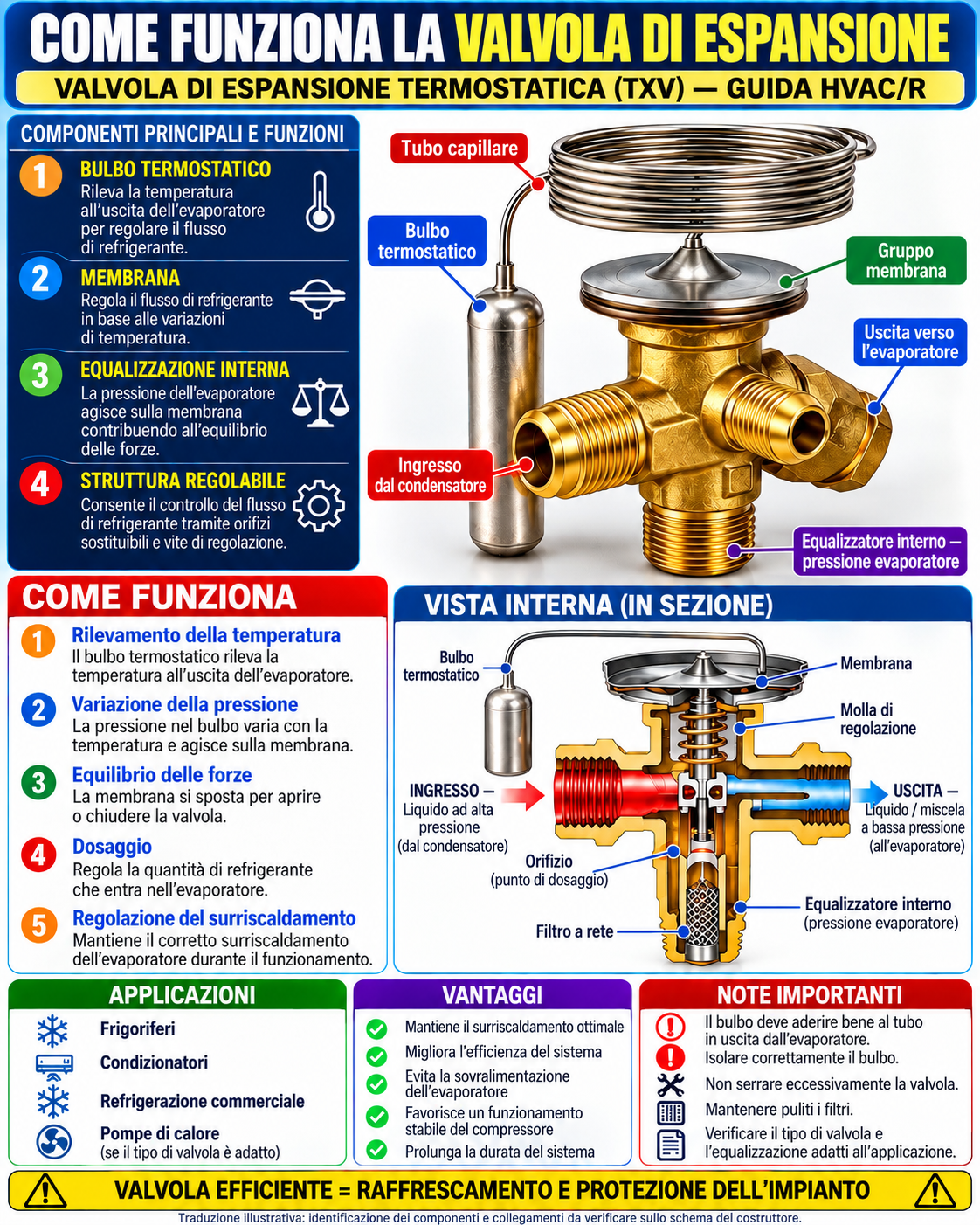 Schema illustrativo in italiano della valvola di espansione termostatica, con bulbo, capillare, membrana e vista interna