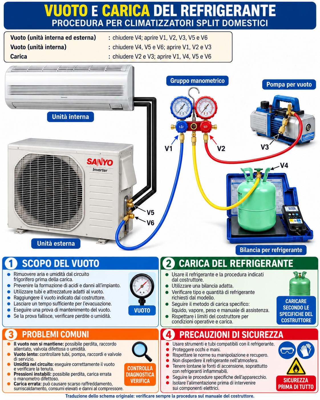 Schema in italiano del vuoto e della carica del refrigerante con unità interna ed esterna, gruppo manometrico, pompa per vuoto e bilancia